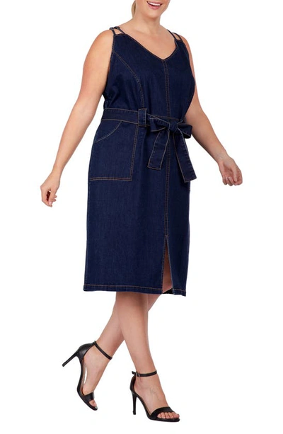 Standards & Practices Double Strap Tie Waist Denim Midi Dress In Indigo Rinse