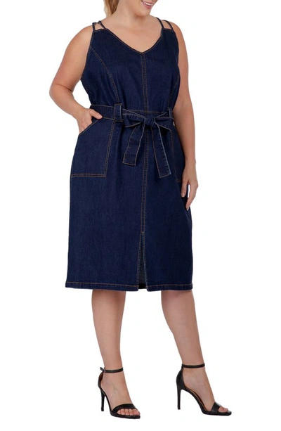 Standards & Practices Double Strap Tie Waist Denim Midi Dress In Indigo Rinse