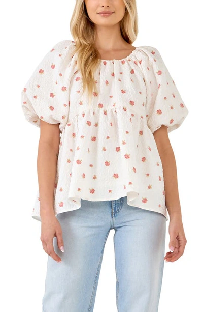 ENDLESS ROSE ENDLESS ROSE ENGLISH FACTORY FLORAL JACQUARD PUFF SLEEVE BABYDOLL TOP 