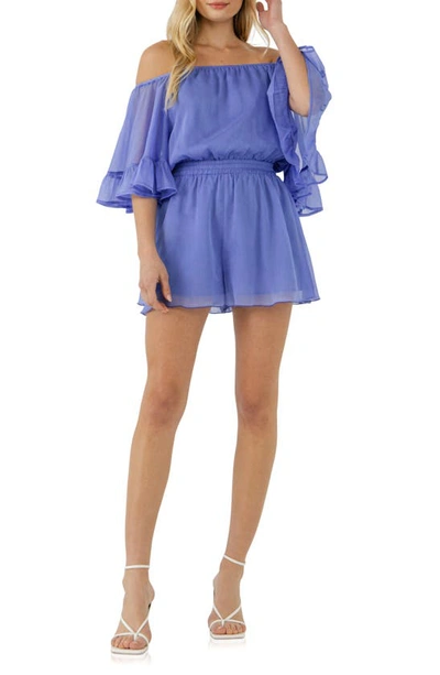 Shop Endless Rose Off The Shoulder Ruffle Sleeve Romper In Pale Blue