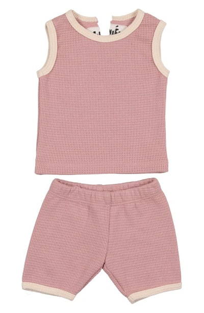 Maniere Waffle Knit Cotton Tank & Shorts Set In Pink