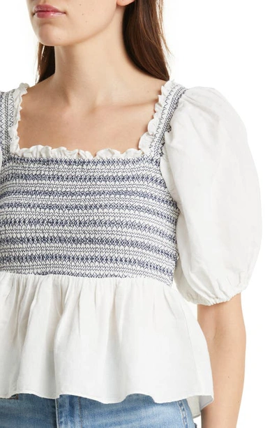 Shop Something Navy Puff Sleeve Smocked Peplum Linen & Cotton Top In White
