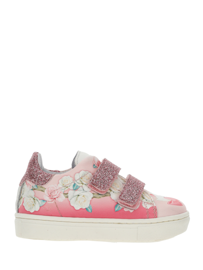 Shop Monnalisa Coated Fabric Sneakers With Roses In Cream