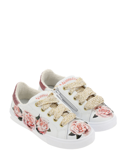 Shop Monnalisa Leather Sneakers With Roses In Cream + Pink
