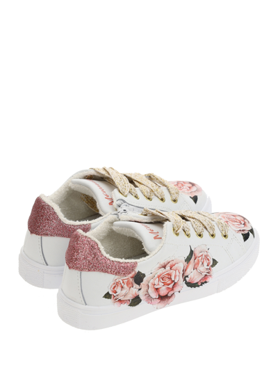 Shop Monnalisa Leather Sneakers With Roses In Cream + Pink