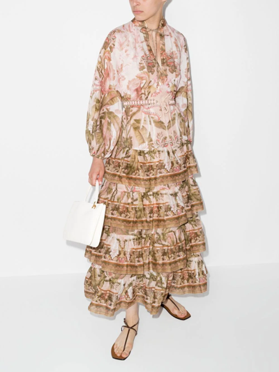 Shop Zimmermann Lyre Palm-print Tiered Maxi Dress In Pink