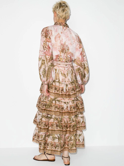 Shop Zimmermann Lyre Palm-print Tiered Maxi Dress In Pink
