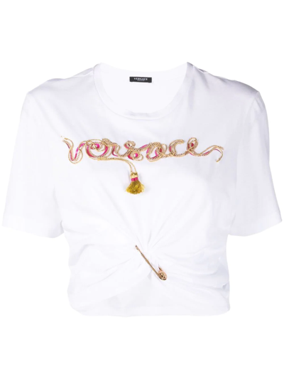 Shop Versace Embellished-logo Safety-pin T-shirt In White