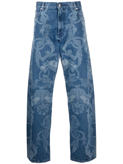 Shop Versace Silver Baroque Straight-leg Jeans In Blue