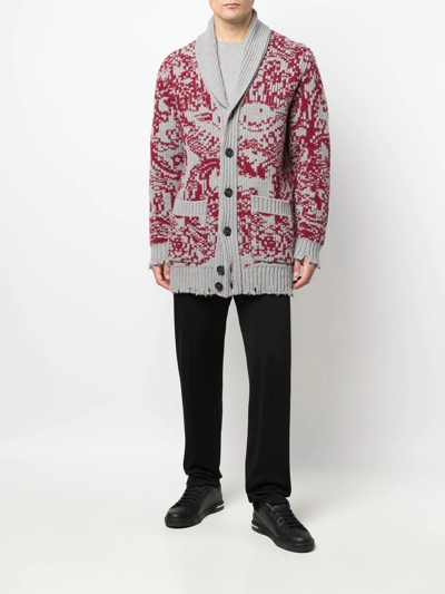 Shop Philipp Plein Long Intarsia-knit Cardigan In Grey