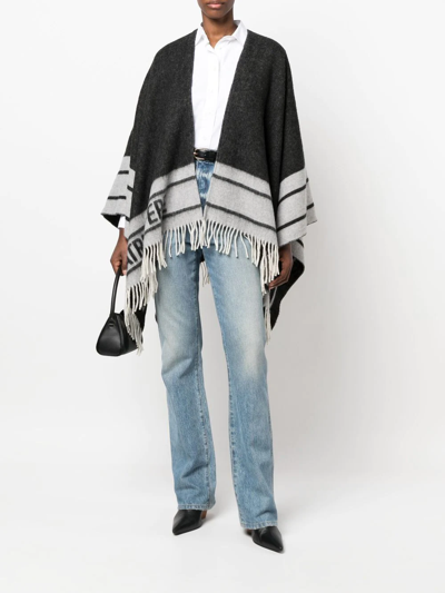 Shop Patrizia Pepe Double-faced Fringed Poncho In Grey