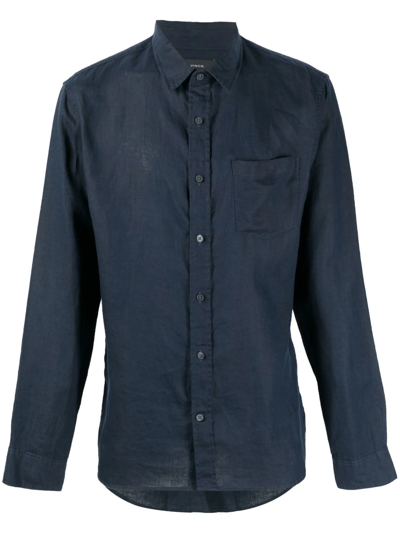 Shop Vince Linen Long-sleeve Shirt In Blue
