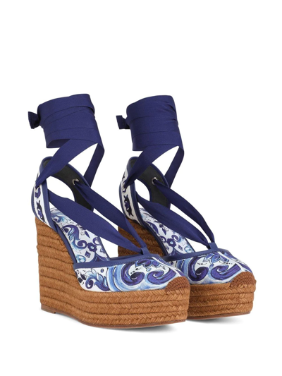 Shop Dolce & Gabbana Majolica-print Espadrille Wedges In Blue