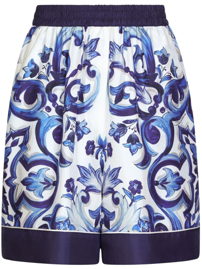 Shop Dolce & Gabbana Majolica-print Silk Pajama Shorts In Blue