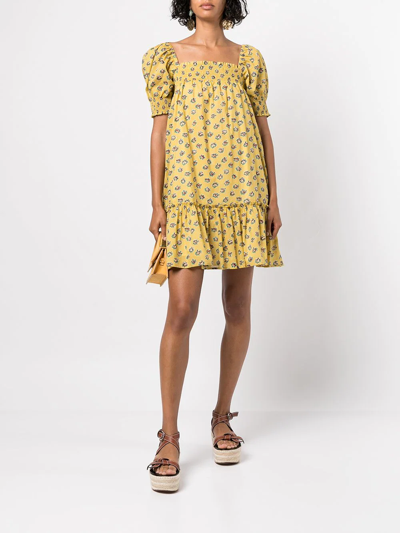 Shop Tory Burch Smocked Floral-print Mini Dress In Yellow