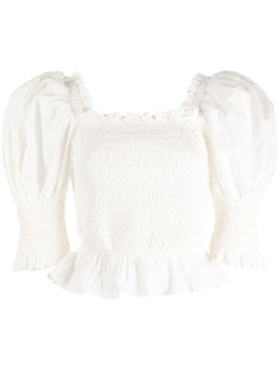 Shop Sea Puff-sleeve Smocked Top In White