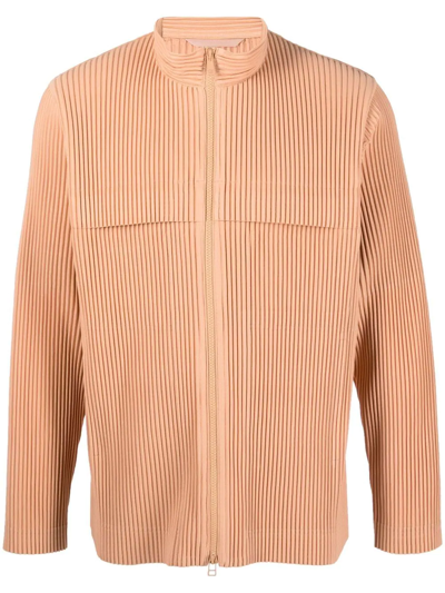 Shop Issey Miyake Pleated Zip-up Jacket In Orange