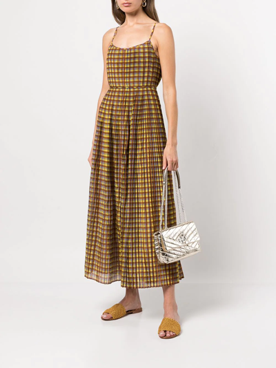 Shop Tory Burch Pleated Check-print Midi Dress In Brown