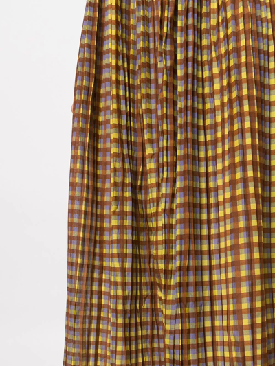 Shop Tory Burch Pleated Check-print Midi Dress In Brown