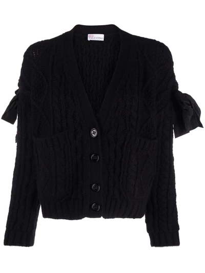 Shop Red Valentino Bow-embellished Mix-knit Cardigan In Black