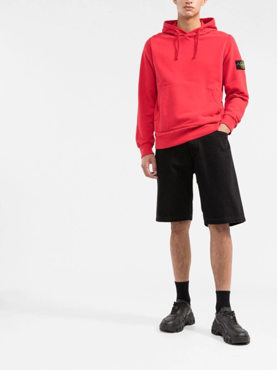 Shop Stone Island Compass-patch Cotton Hoodie In Red