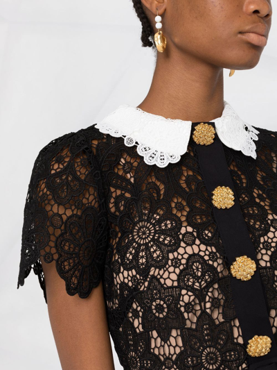 Shop Self-portrait Floral-lace Peter-pan Collar Minidress In Black