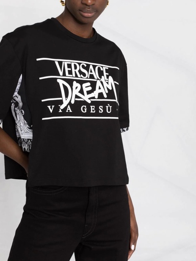 Shop Versace Silver Baroque Slogan-print T-shirt In Black