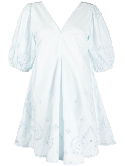 Shop Ganni Laser-cut Organic Cotton Dress In Blue