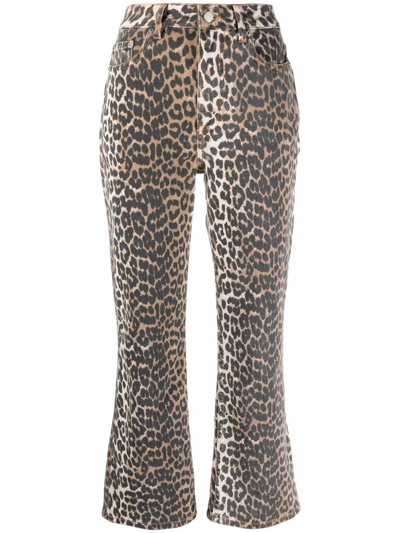 Ganni Betzy Leopard-print Flared-leg Cropped Jeans In Brown | ModeSens
