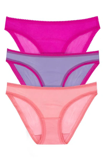 Shop On Gossamer 3-pack Mesh Hip Bikinis In Rhododendron / Purple/ Pink