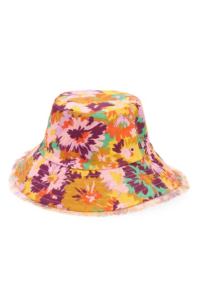 Shop Zimmermann Frayed Linen Bucket Hat In Mustard Multi Floral