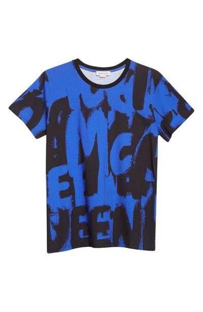 Shop Alexander Mcqueen Allover Graffiti Cotton Graphic Tee In Electric Blue/ Black