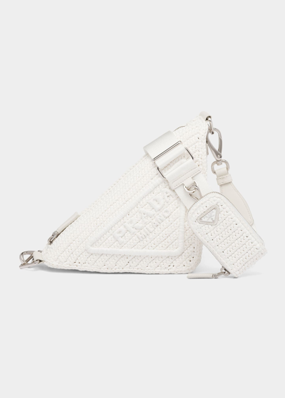 Shop Prada Triangle Logo Raffia Shoulder Bag In F0009 Bianco