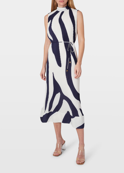 Shop Milly Melina Pleated Zebra Dress In Navy/ecru