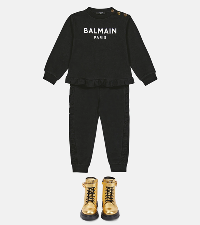 Balmain Ruffle-trimmed Jersey Sweatpants In 930bc-nero/bianco