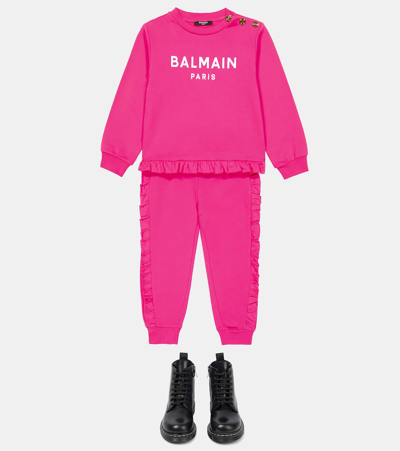 Balmain Ruffle-trimmed Jersey Sweatpants In 514bc-fucsia/bianco