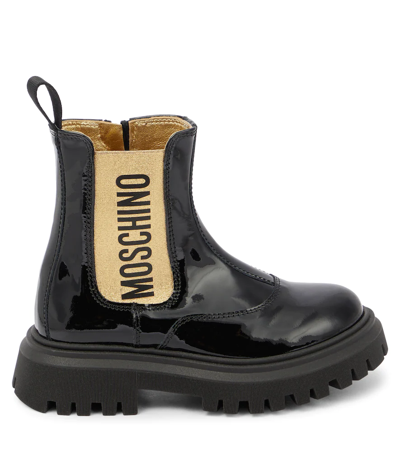 Shop Moschino Logo Patent Leather Boots In Black/ Gold