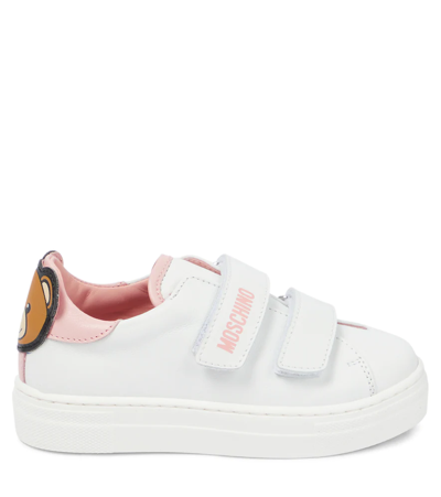 Shop Moschino Leather Sneakers In White/pink