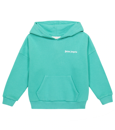 Shop Palm Angels Logo Cotton Hoodie In Turquoise White
