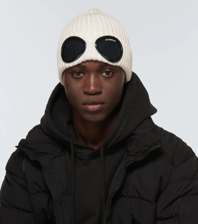 Shop C.p. Company Goggle Wool Beanie In Gauze White