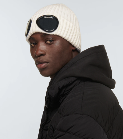 Shop C.p. Company Goggle Wool Beanie In Gauze White