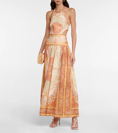 Shop Zimmermann Anneke Paisley Printed Cutout Linen Dress In Orange Paisley