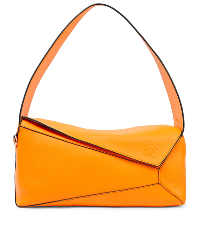 Shop Loewe Puzzle Slouchy Leather Shoulder Bag In Mandarin