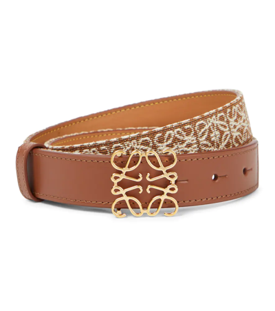 Shop Loewe Anagram Jacquard Leather Belt In Tan/gold