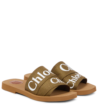 Shop Chloé Woody Canvas Slides In Grove Brown