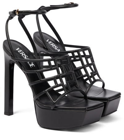 Shop Versace Greca Maze Leather Platform Sandals In Black