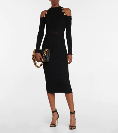 Shop Balmain Cutout Knit Midi Dress In 0pa Noir