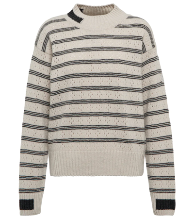 Shop Moncler Striped Pointelle-knit Wool Sweater In White