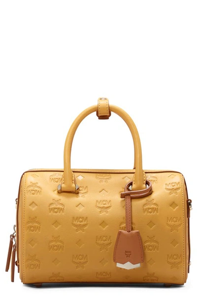 Mcm Boston Essential Monogrammed Small Leather Satchel In Golden Mango