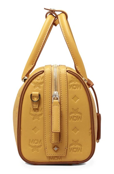 Mcm Boston Essential Monogrammed Small Leather Satchel In Golden Mango